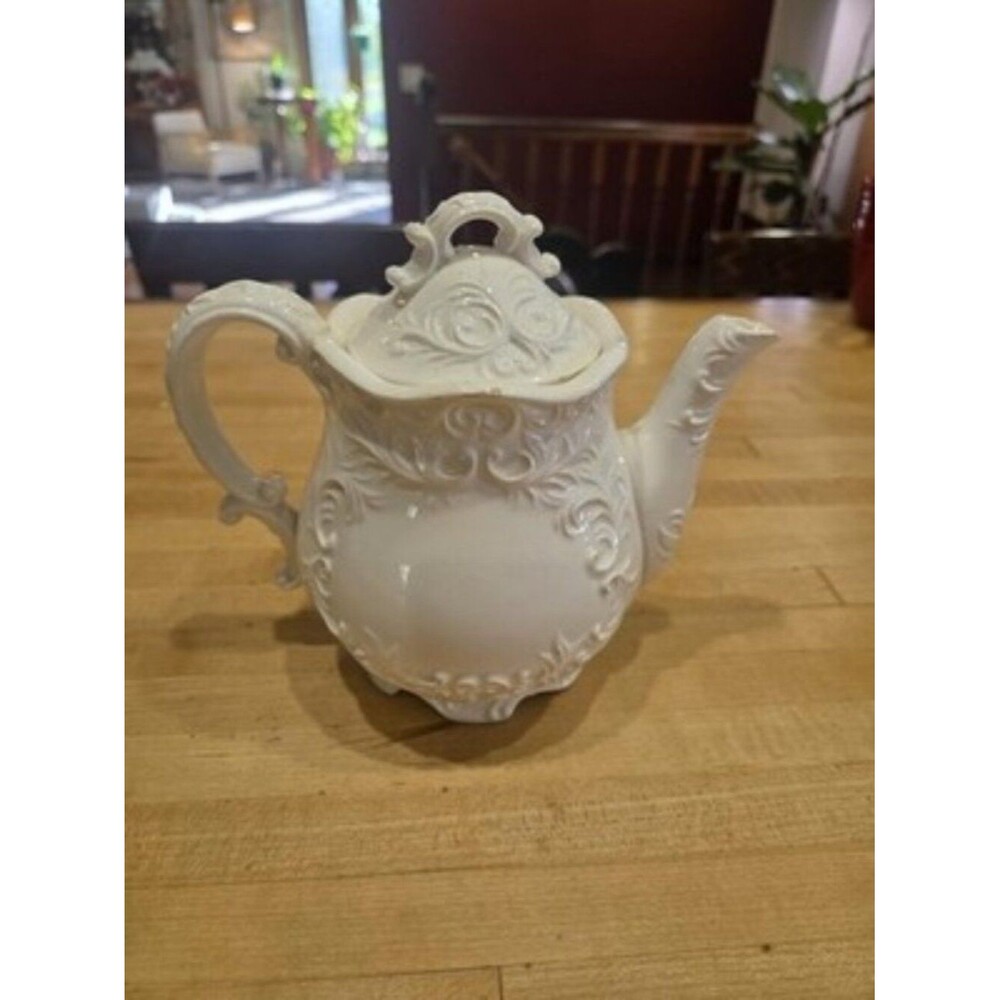Napco White Provincial Scroll Ceramic Teapot Japan 1950s AS IS